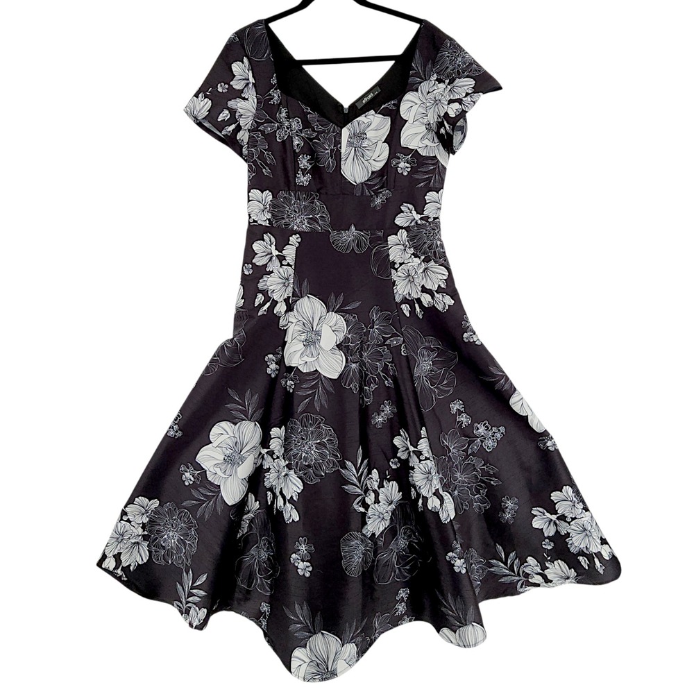 eShakti Fit Flare Midi Dress L 12 Women Black White Floral Retro 50s V Neck
